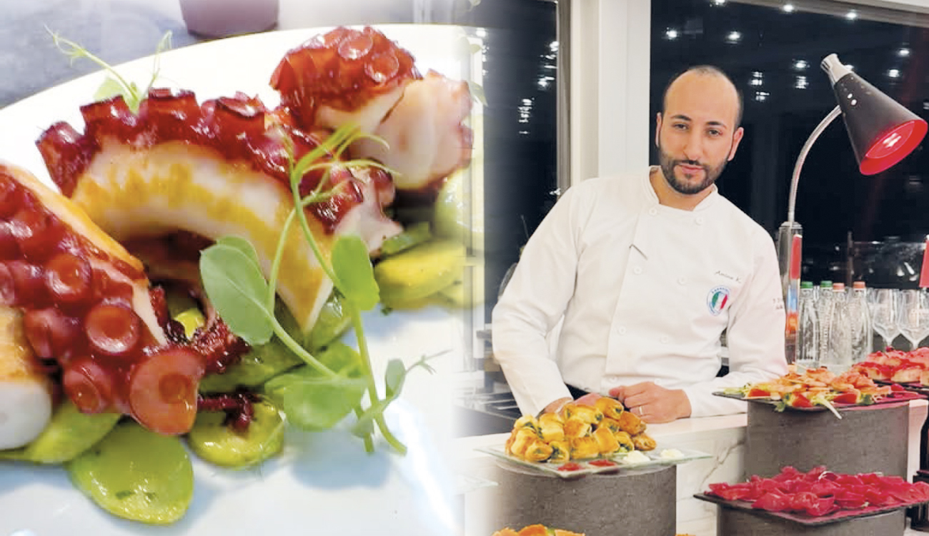 Fumée et sel Tentacules de poulpe grillés sur lit de...